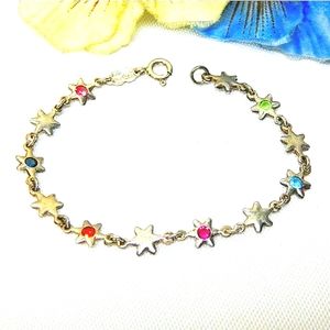👀 ITALY SOLID STERLING SILVER STAR BRACELET with Multicolor stones star charms